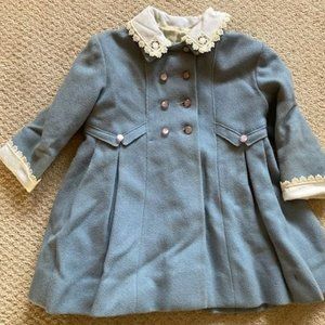 Vintage Toddler Girl Blue Coat with White Lace on Collar & Sleeve Cuffs & Bonnet